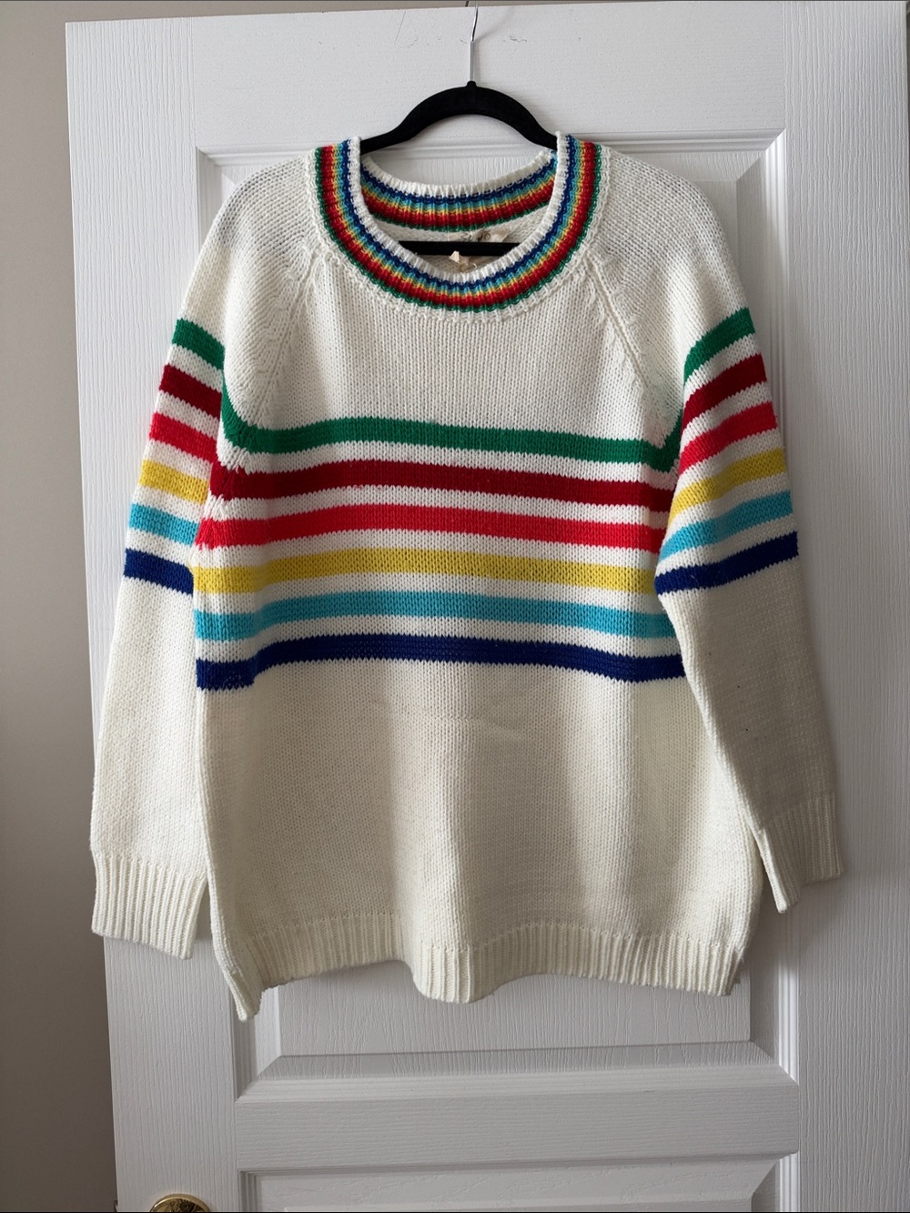 Fantastic Fawn Cream Crewneck Sweater with Rainbow Stripes